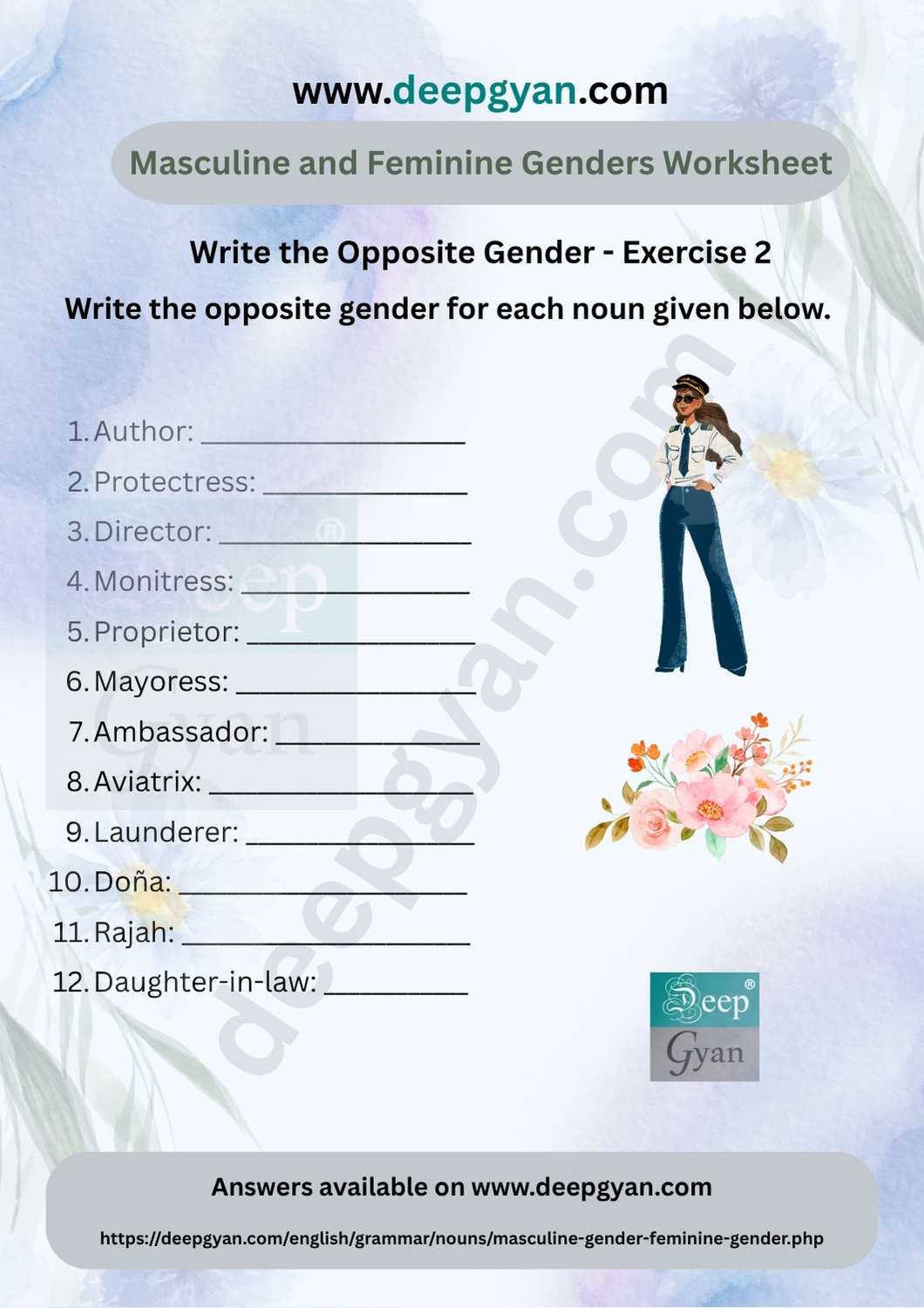 An advanced English worksheet (Exercise 2) for writing the opposite gender of nouns. The list contains 12 words, including more complex nouns like Author, Protectress, Director, Aviatrix, and Daughter-in-law, for students to find the opposite gender. It's illustrated with an image of a female pilot and flowers.